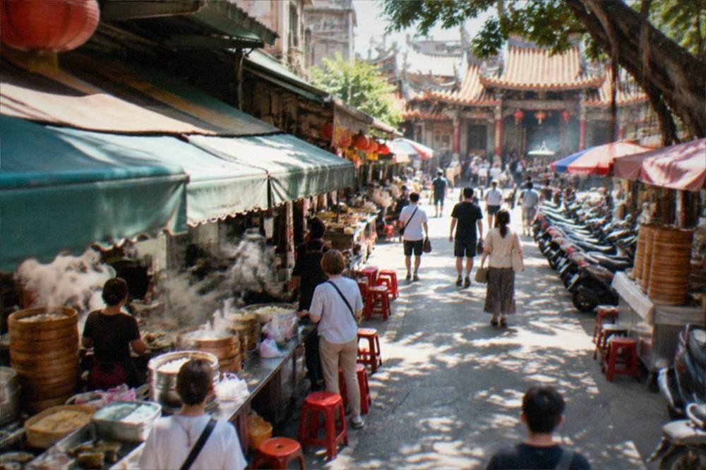 A Tainan temple courtyard in the morning with visitors and food stalls visible on the street outside