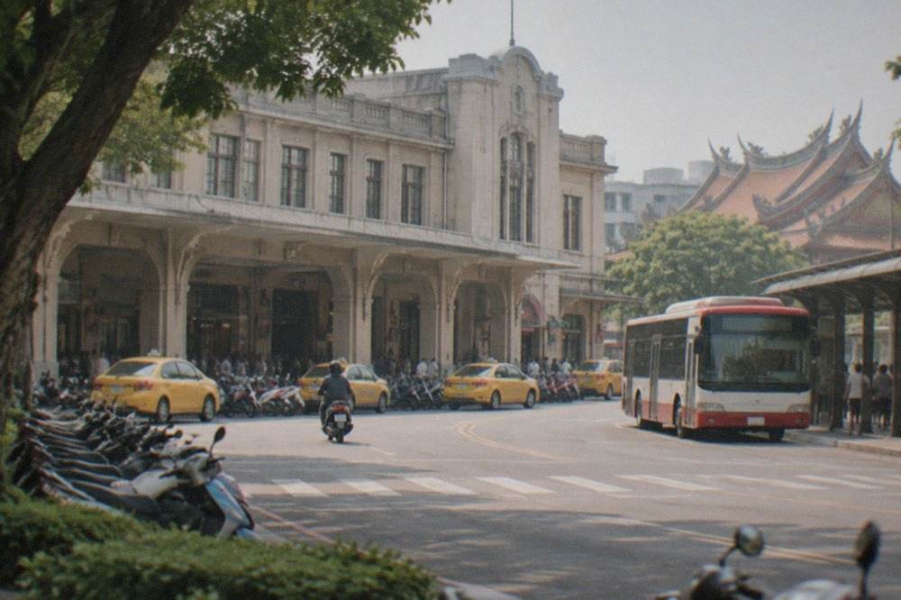 A red and white Tainan city bus at a curb beside a covered bus stop in a sunny street