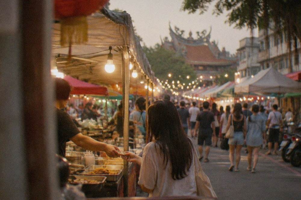 A vendor at a Tainan night market stall handing change to a customer under warm string lights