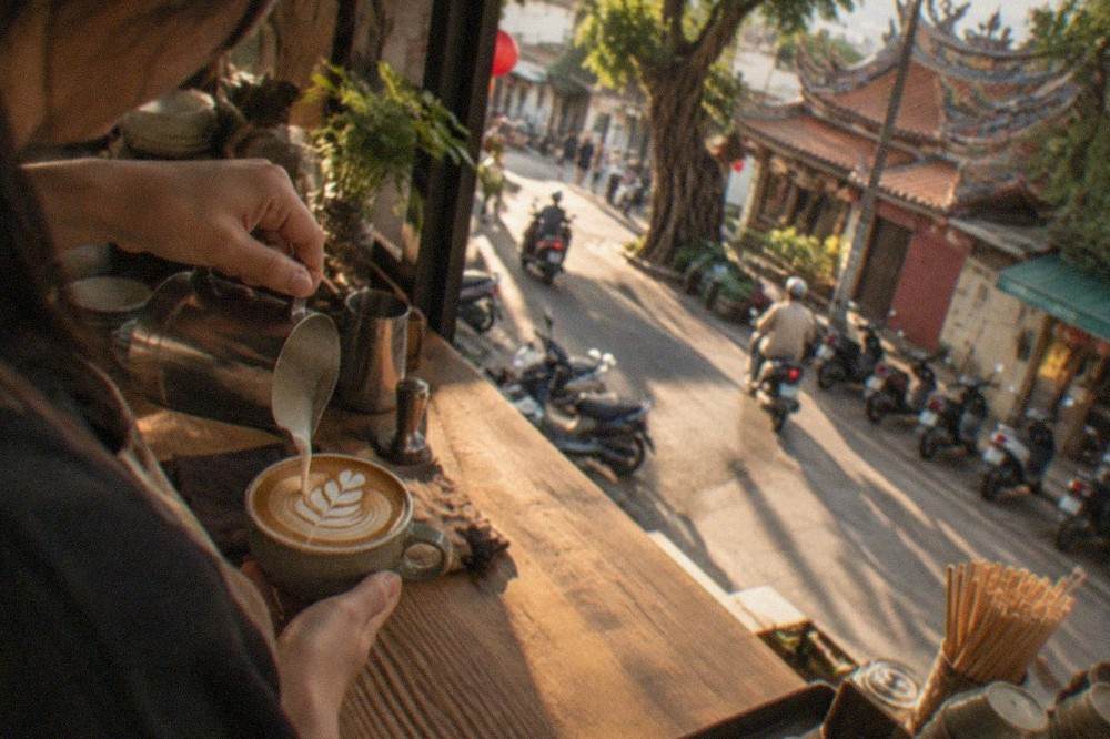 A barista pouring latte art into a cup on a wooden cafe counter in Tainan