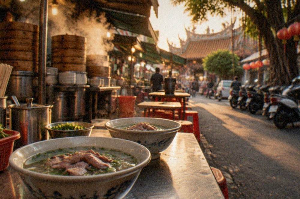 Bowls of clear beef soup with fresh beef slices on a market table