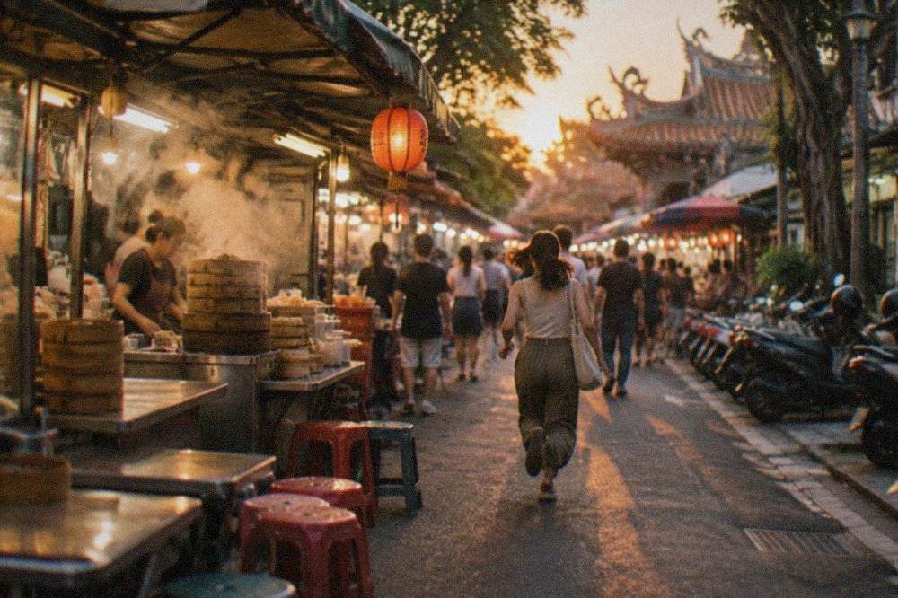 A busy Tainan night market aisle at dusk with food stall lights and crowds browsing
