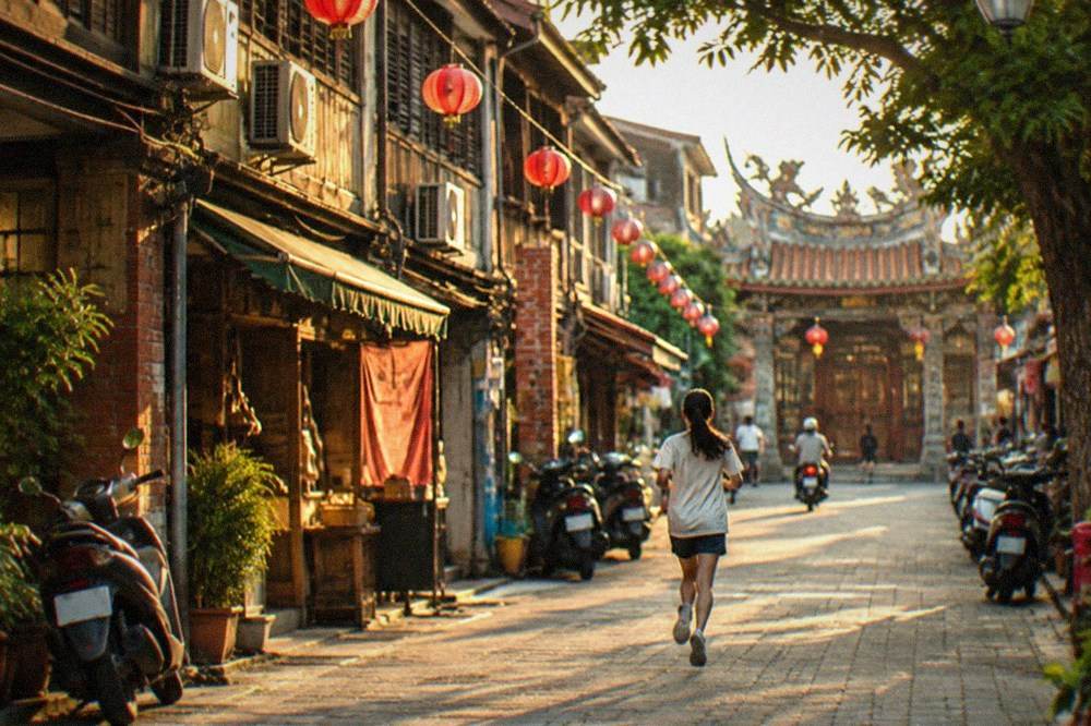A stone gateway of an old Taiwanese temple with carved wooden doors and lanterns