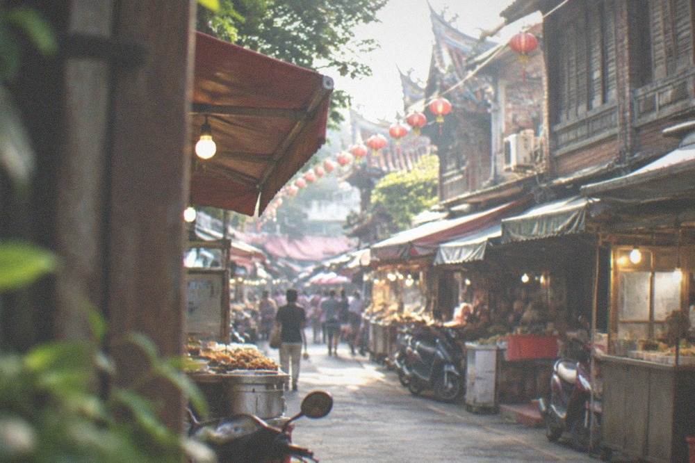 A covered night market aisle lit by hanging bulbs with food stalls on both sides