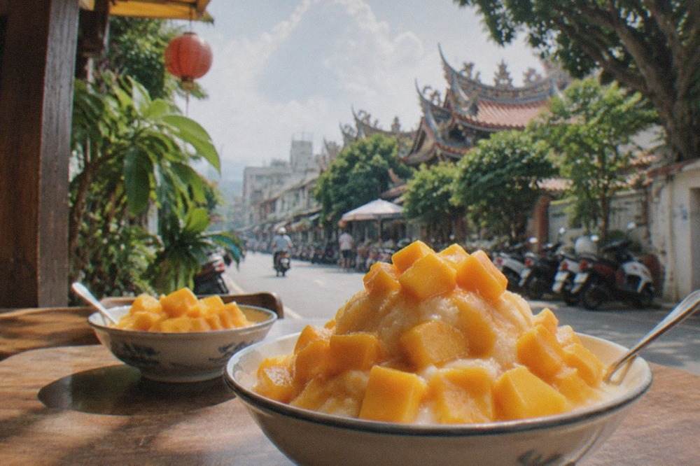 Bowls of fresh mango cubes and mango shaved ice topped with fruit on a table in Tainan