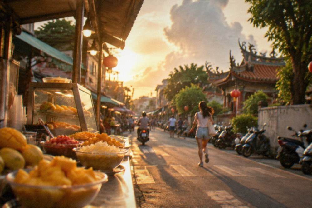 A night market stall in Tainan serving fruit desserts under warm lights