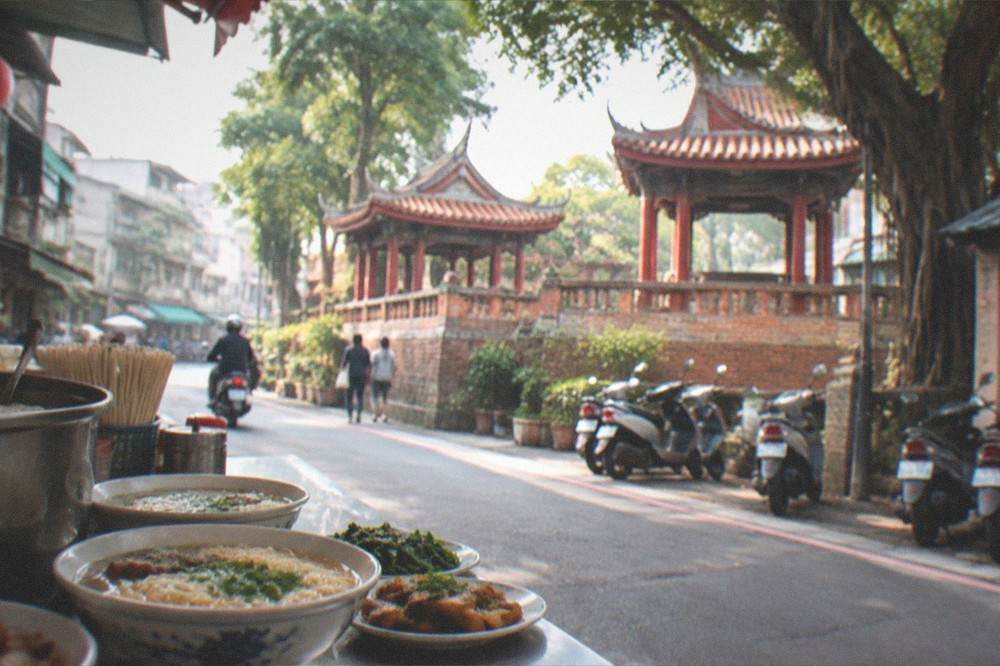 Bowls of noodle soup and small plates on a food stall counter in Tainan