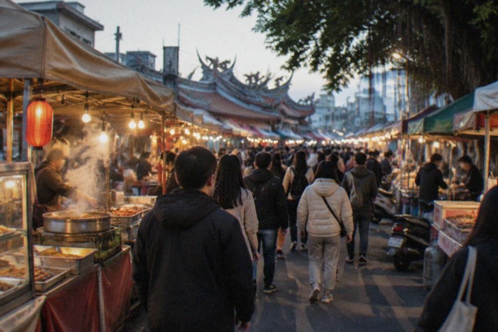 A crowded Taiwanese night market aisle lit by strings of warm bulbs, with food stalls on both sides
