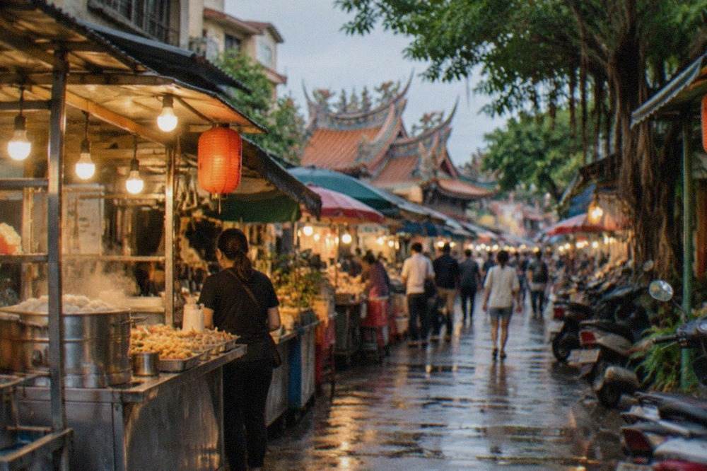 A crowded Tainan night market aisle lit by strings of warm bulbs, with food stalls on both sides