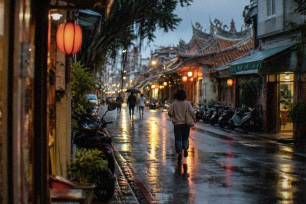 A wet Tainan street at night reflecting shop lights after rain