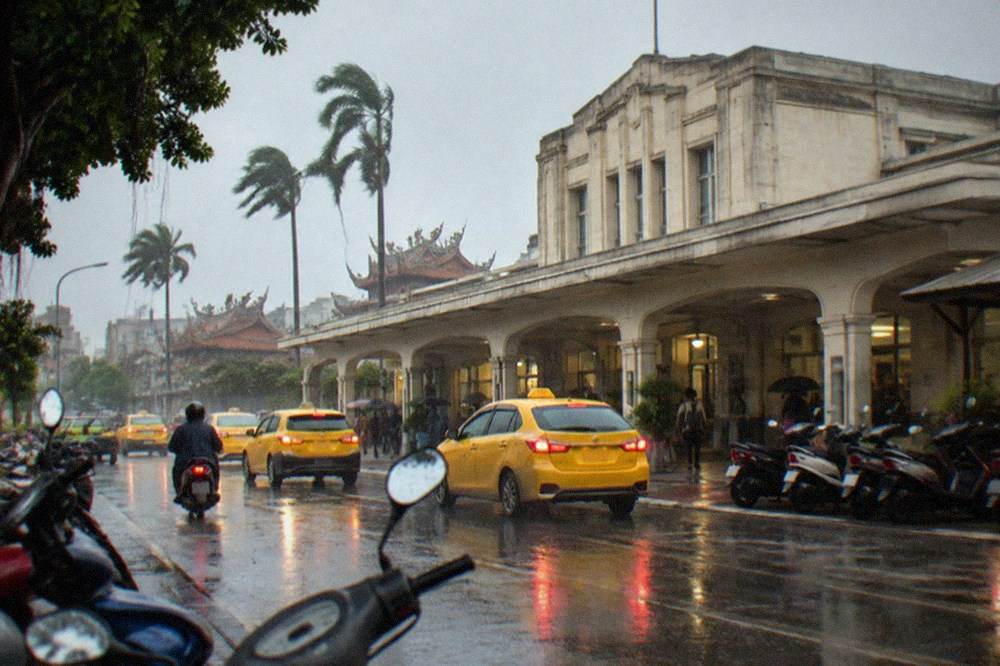 Palm trees bending under heavy rain and grey sky in a Taiwanese city