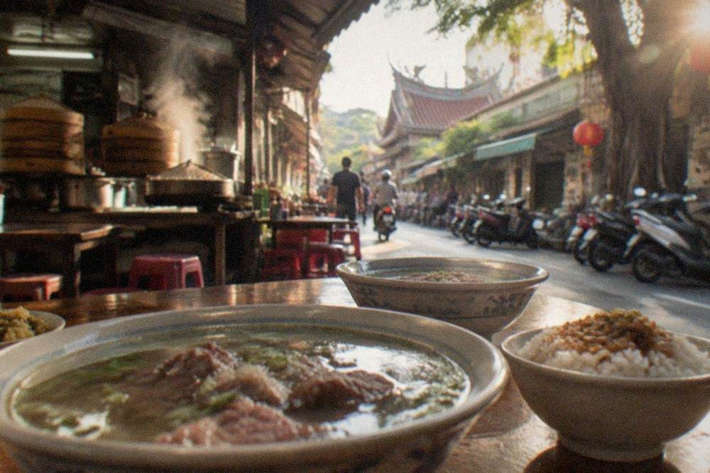 Bowls of clear beef soup with sliced meat and rice on a wooden table in a small Tainan shop