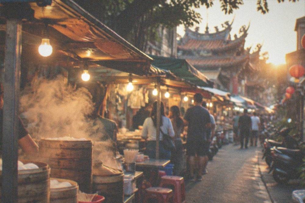 A crowded Tainan night market aisle with food stalls lit by bare bulbs and customers queuing
