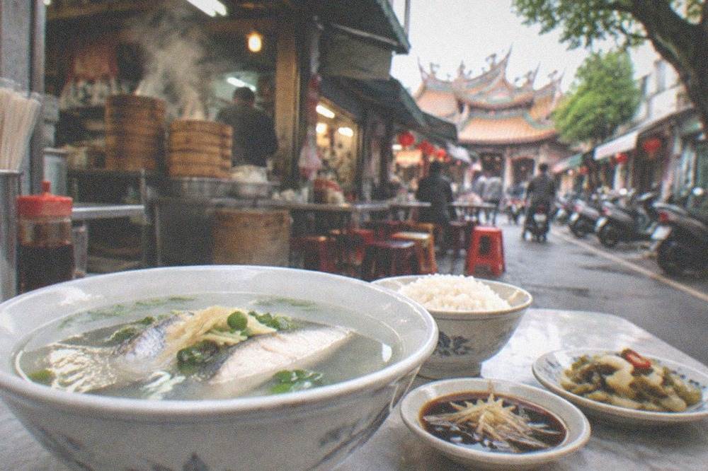 A bowl of milkfish soup with condiment dishes and rice on a formica table in a Tainan shop