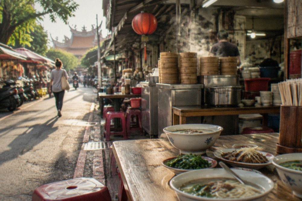 Bowls of noodle soup and small plates crowded on a wooden table in a small Tainan eatery
