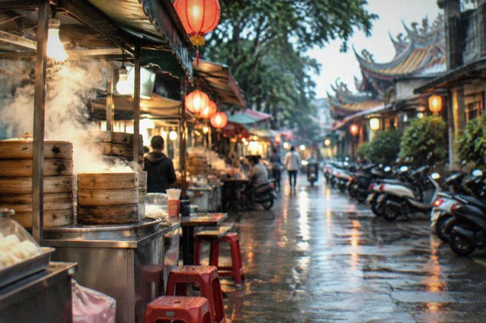 A narrow old Tainan street at dusk with lanterns hanging over small food stalls