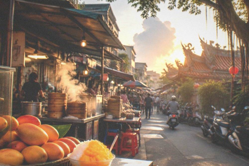 Fresh mangoes and a glass of mango shaved ice on a market stall counter