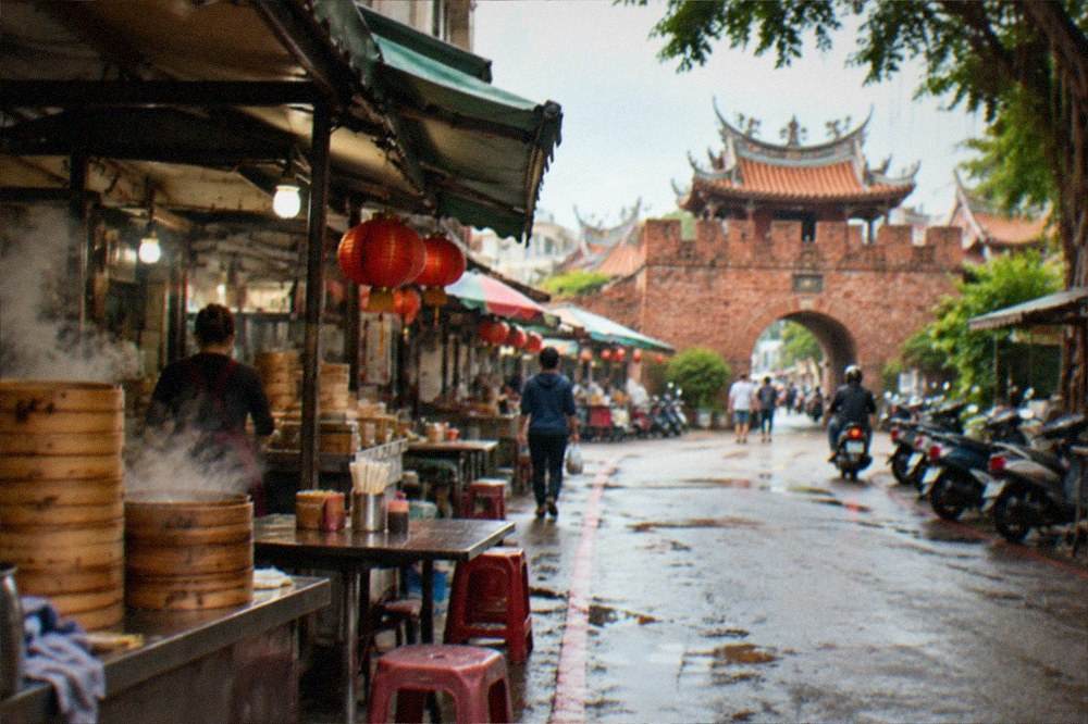 A daytime view of a historic red-brick Tainan gate with food stalls on the street beside it