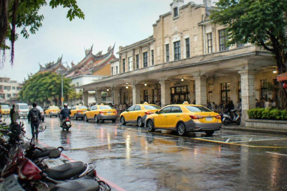 A taxi rank outside a small airport terminal in Taiwan