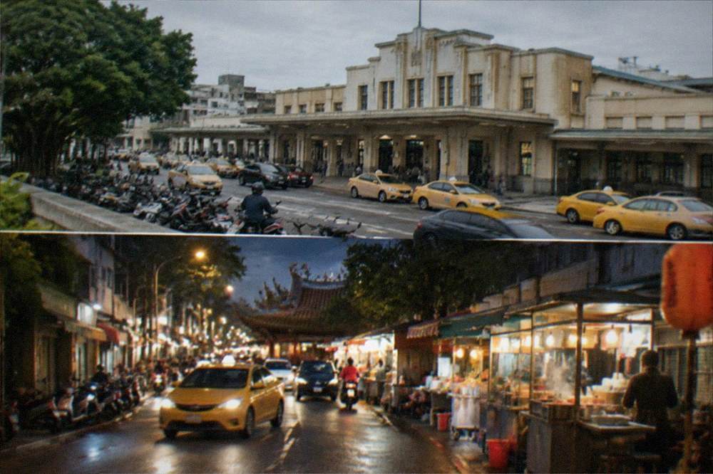 A lit city street in Tainan at night with a taxi driving past food stalls