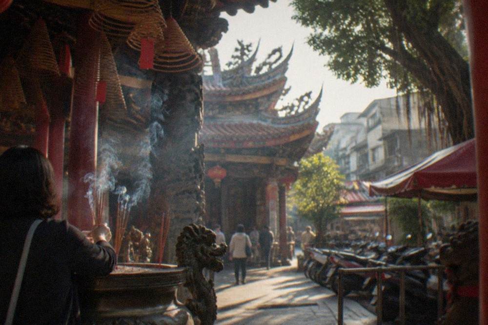 Worshipper lighting incense sticks at an outdoor altar with coiled smoke rising