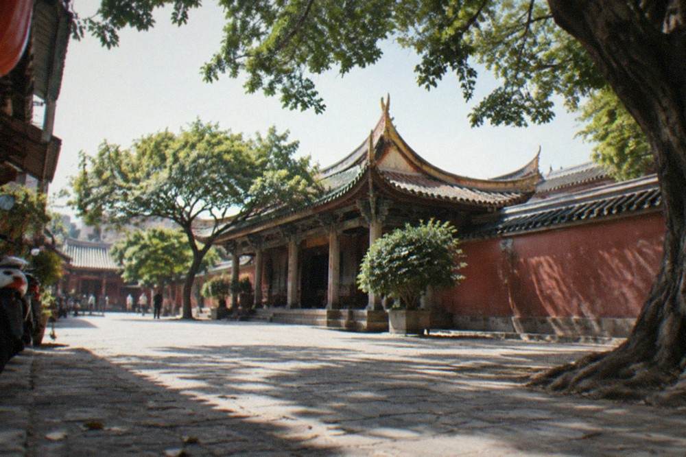 The courtyard of the Tainan Confucius Temple with its traditional tiled roof
