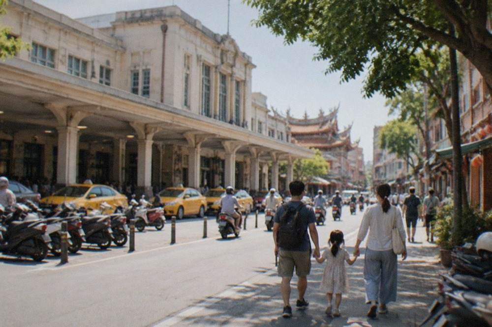 A family walking together down a historic Tainan street lined with old brick buildings