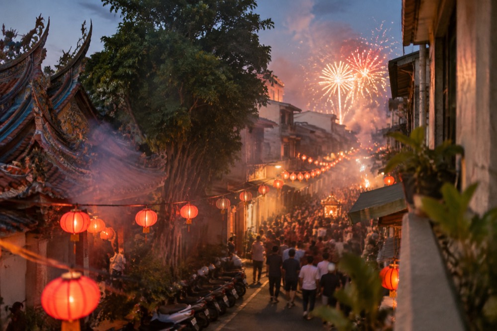 Fireworks bursting over a crowded street at night with smoke drifting between lanterns