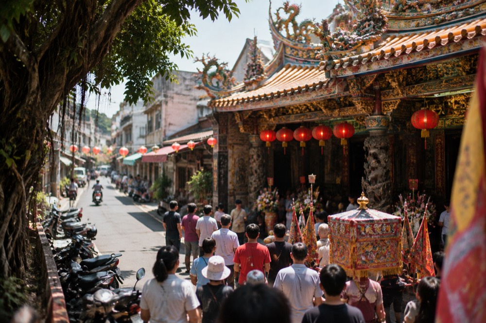 A gilded temple facade at night with lanterns and a procession crowd gathered in front