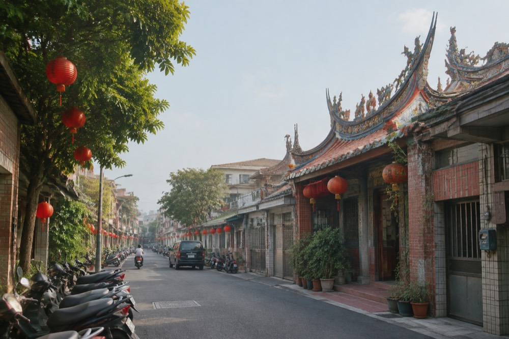 A quiet old street with tiled shopfronts in daylight, decorated with red festival banners
