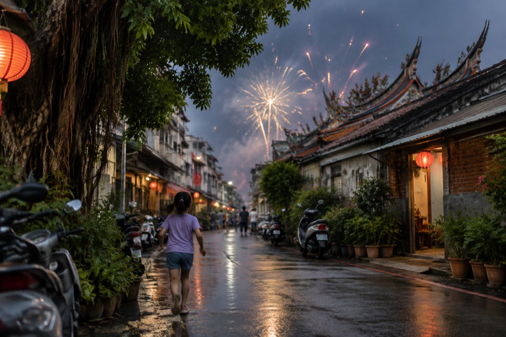 Firework sparks streaking across a night sky above rooftops and temple decorations
