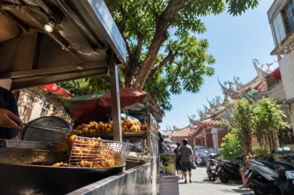 Street food stall in Anping serving fried snacks to customers
