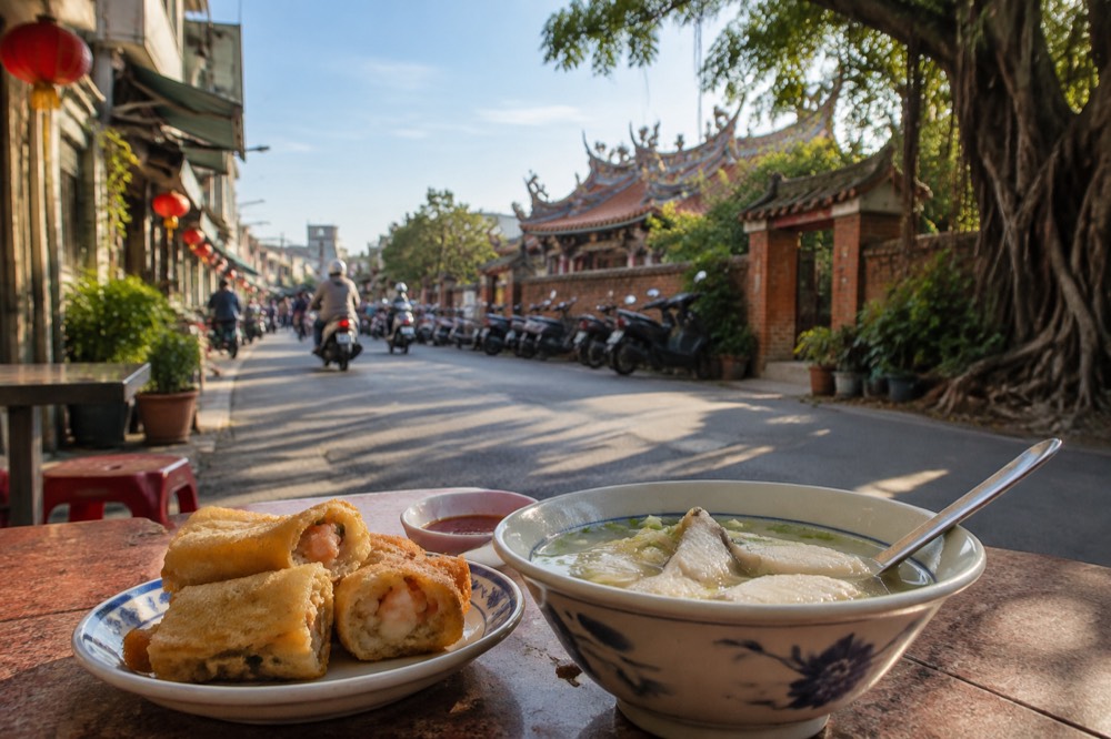 Fried shrimp rolls and fish soup on a table at an Anping eatery