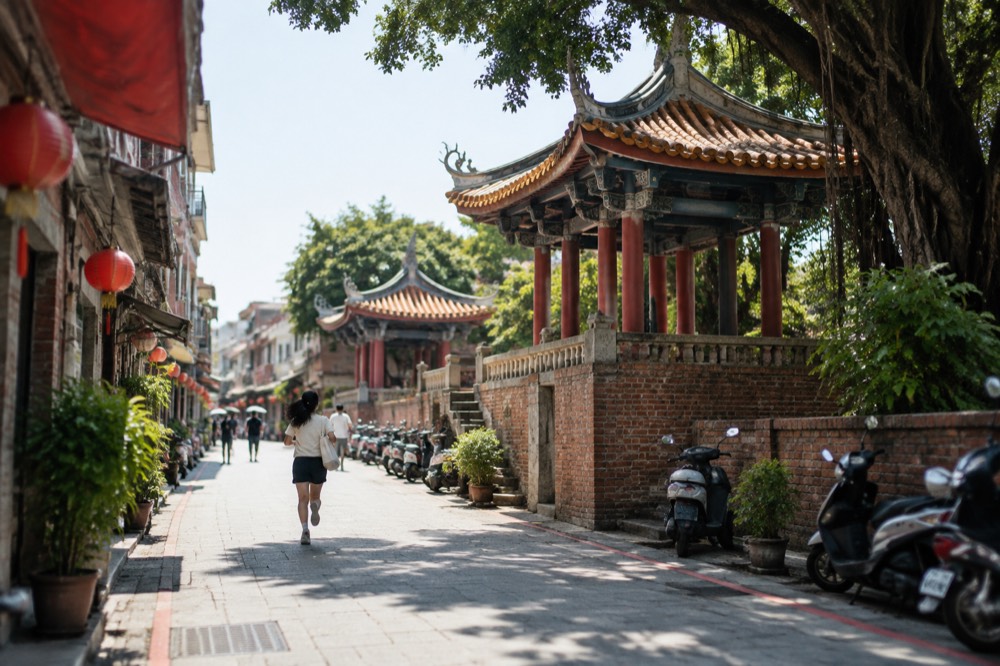 An old Tainan street lined with low brick buildings and hanging lanterns