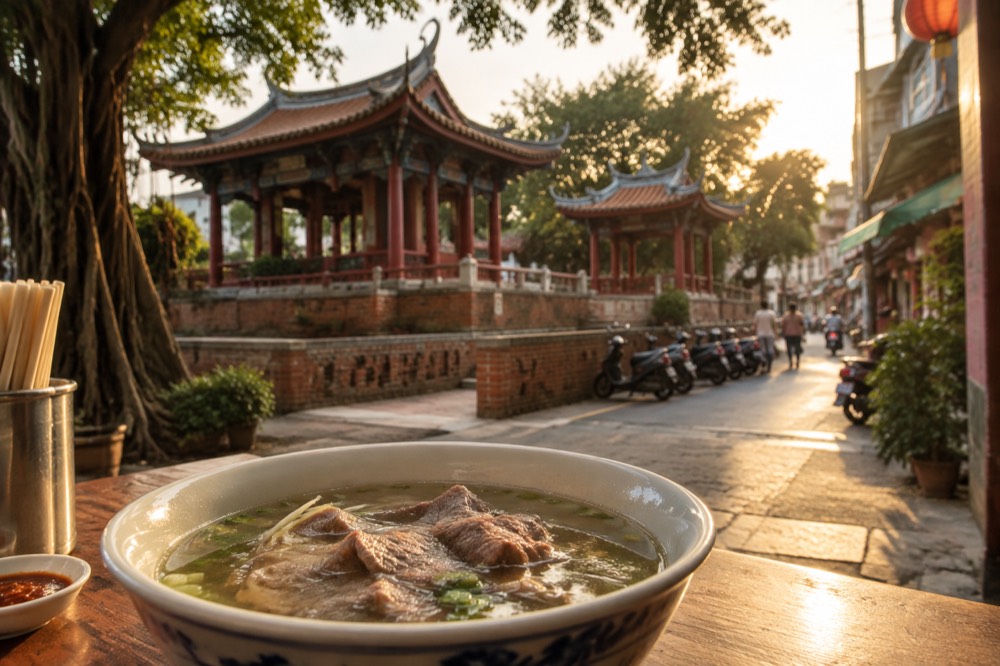 A bowl of Tainan beef soup with tender meat slices in a clear broth on a table