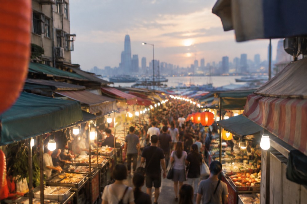 Crowded night market aisles lit by rows of stall lights at dusk