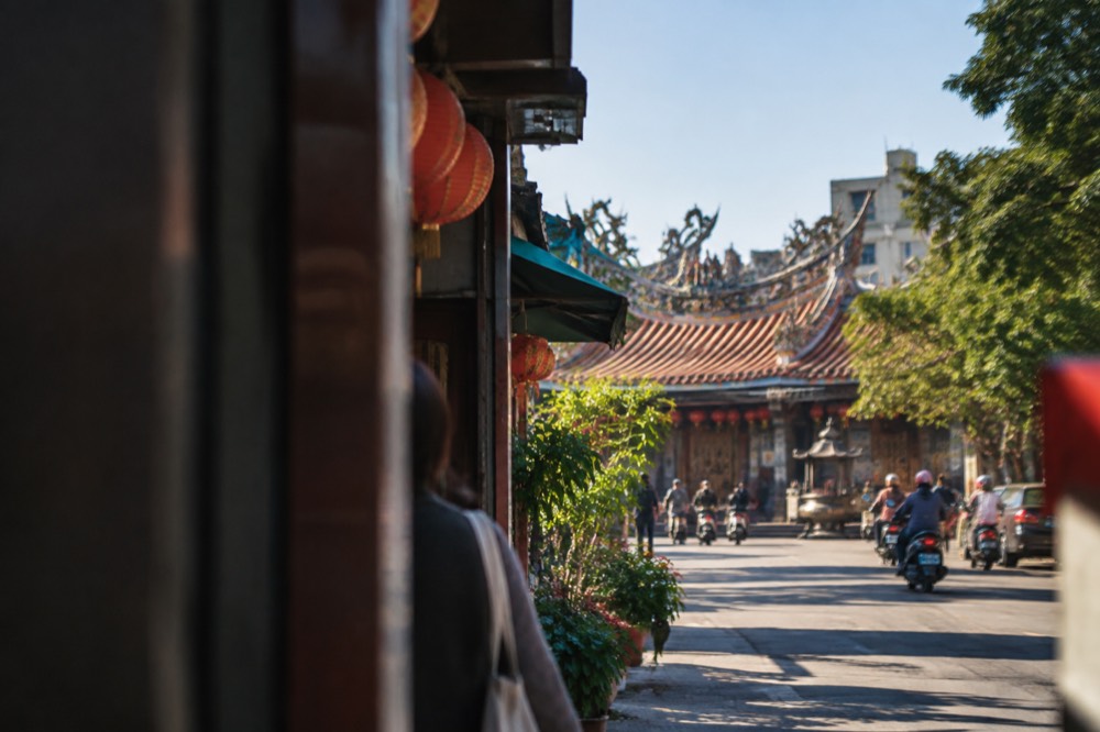 Clear winter sky over temple rooftops in Tainan's historic district