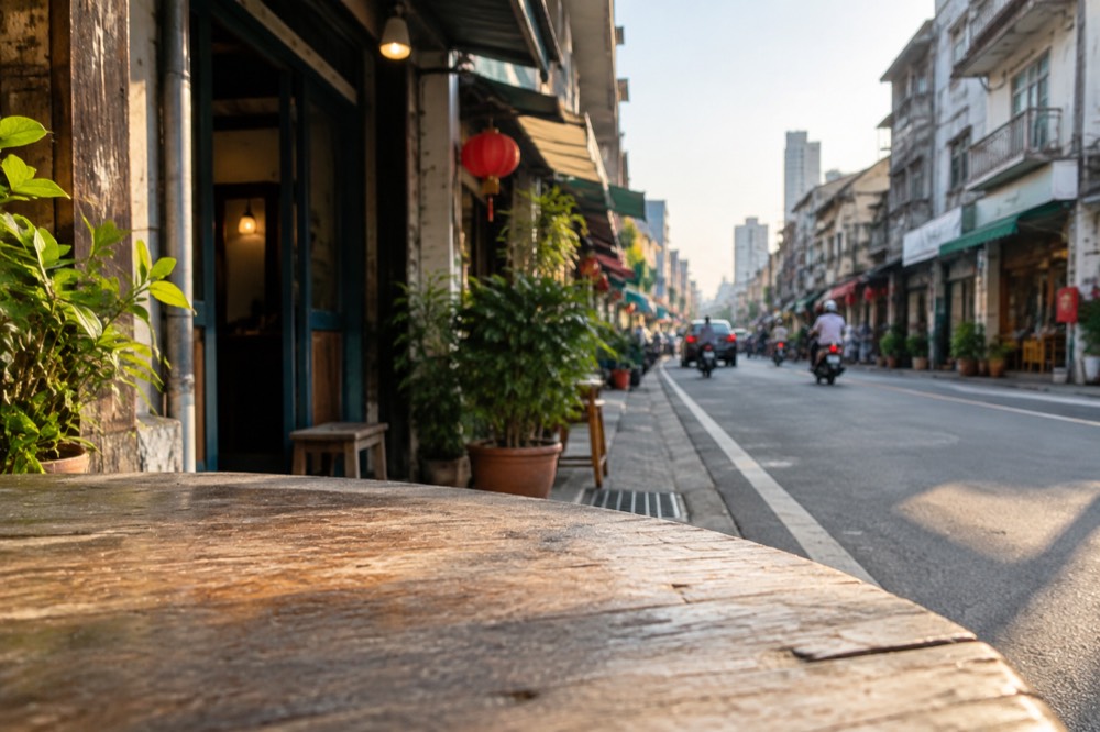 A quiet old street with low shophouses in central Tainan in the evening