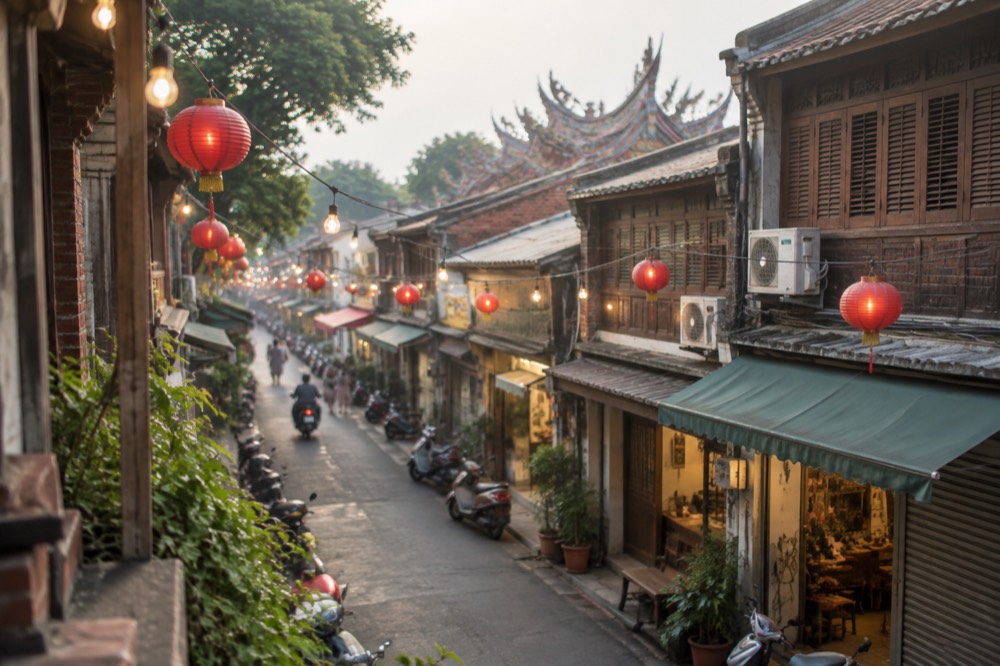 String lights glowing over the narrow shophouses of Shennong Street at night