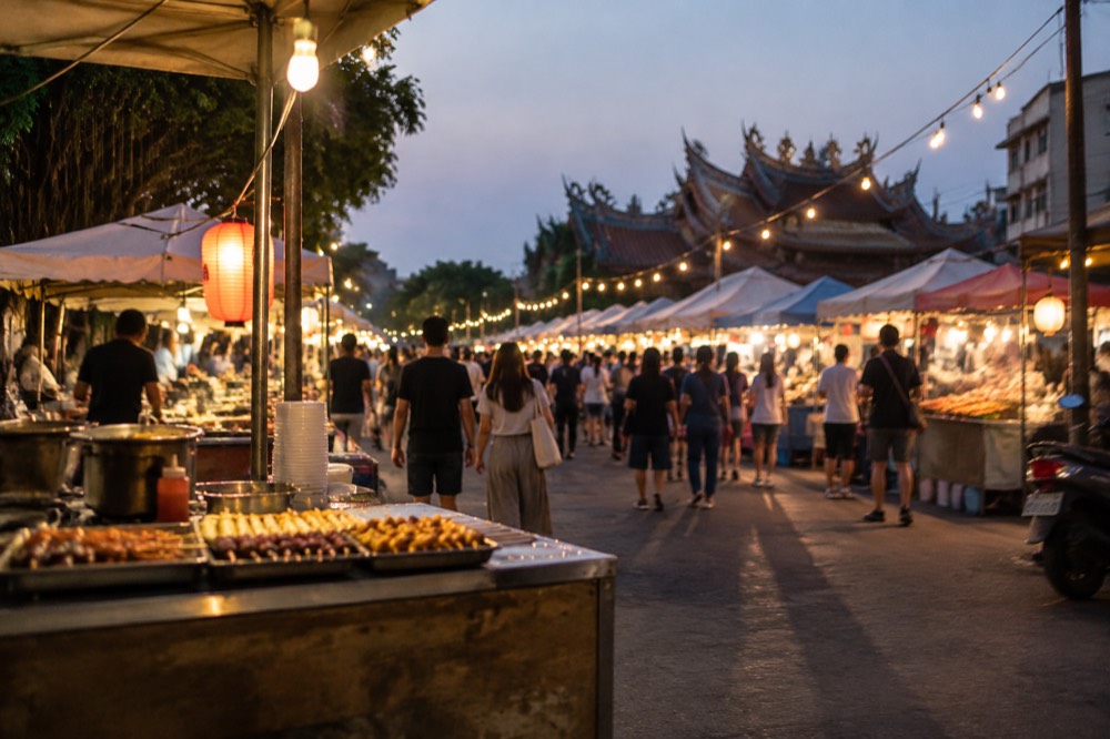 Crowds and food stall lights at Garden Night Market in the evening