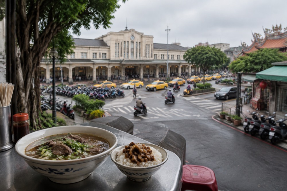 A bowl of Tainan beef soup with rice on a small table in a local eatery