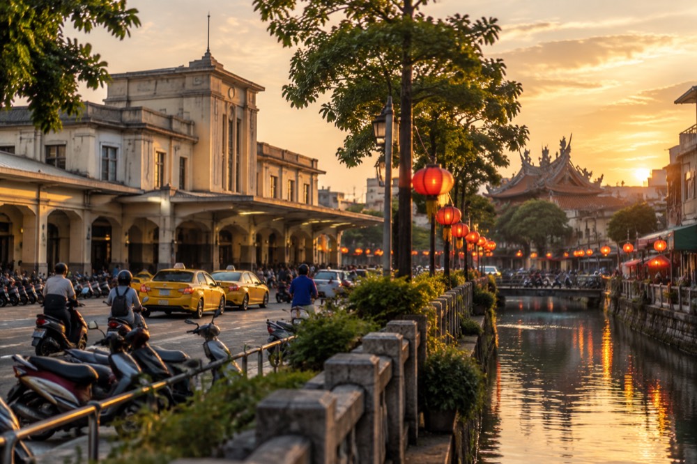 A canal side street in Tainan at dusk with lanterns lit