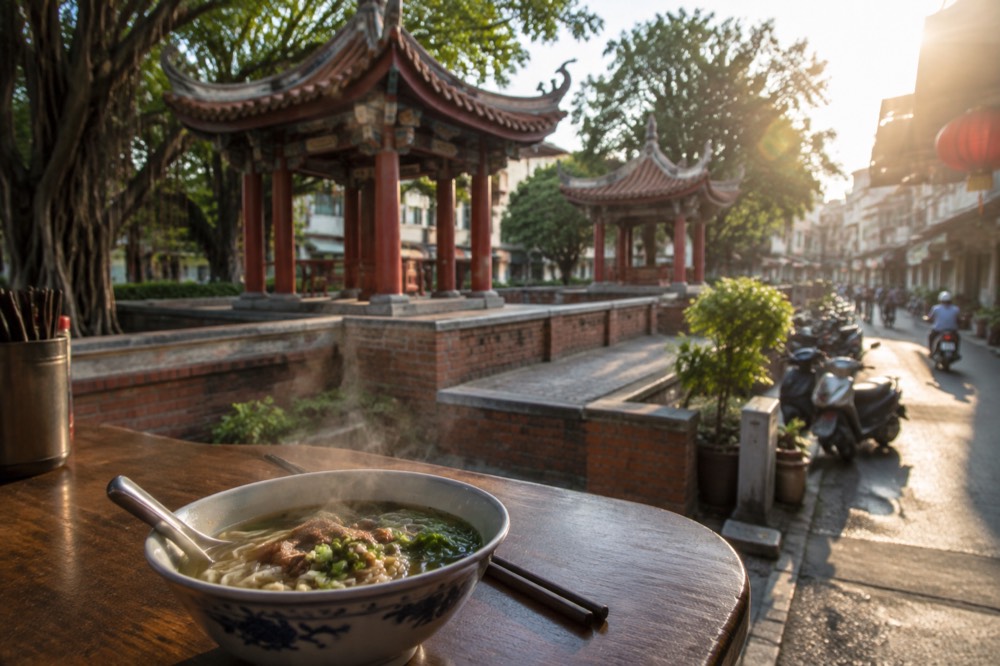 A bowl of steaming noodle soup on a wooden table in a small eatery