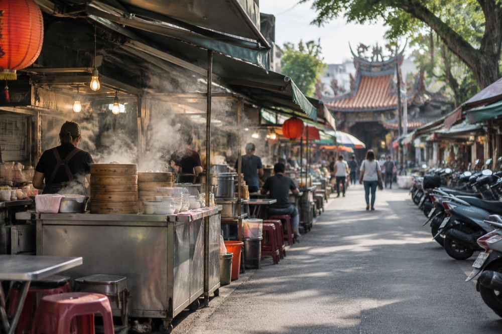 A busy Tainan street food stall at dusk with steam rising from cooking pots