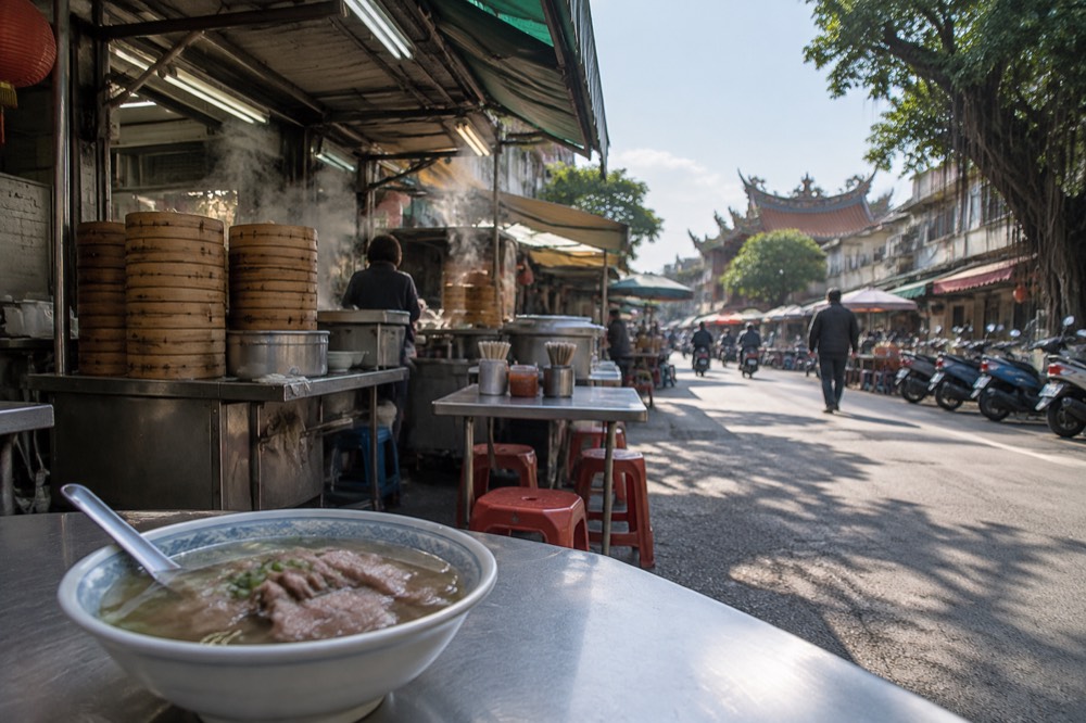 A bowl of Tainan beef soup with sliced beef and clear broth on a small table