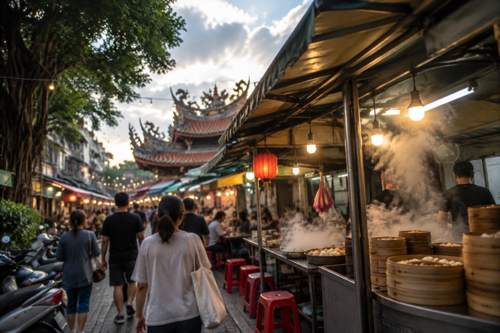 Crowds walking between food stalls at a Tainan night market under strings of bare bulbs, steam rising from the griddles, stall boards blurred by movement
