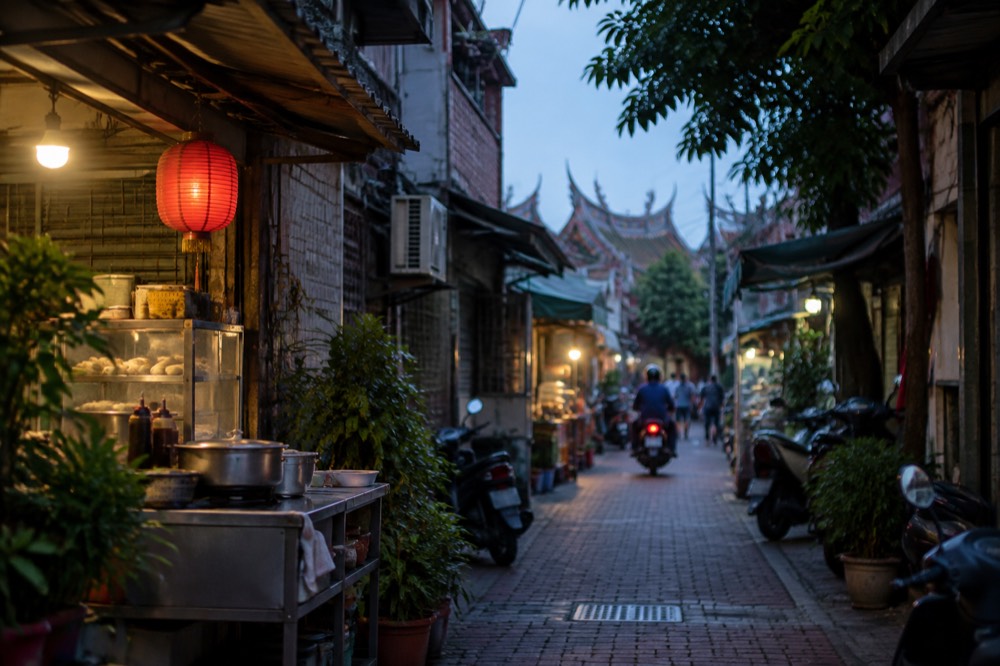A shaded lane in Anping Old Street with small shopfronts and food stalls