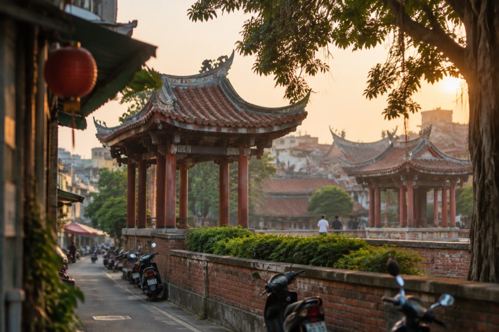 Tainan's old city rooftops and temple roofs at golden hour