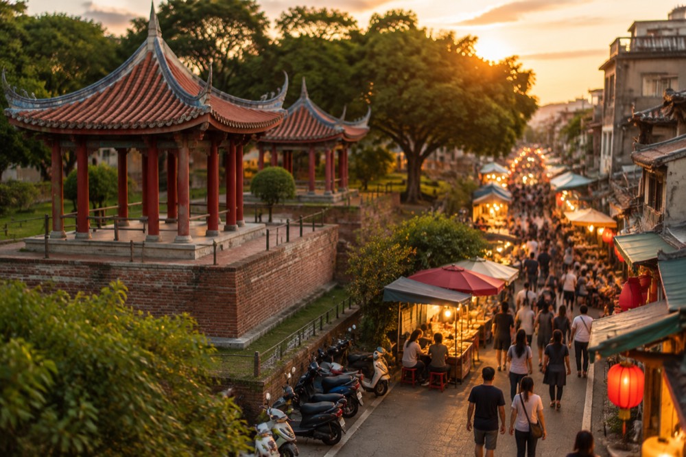A night market lane in Tainan lit by rows of warm stall lights and crowded with diners