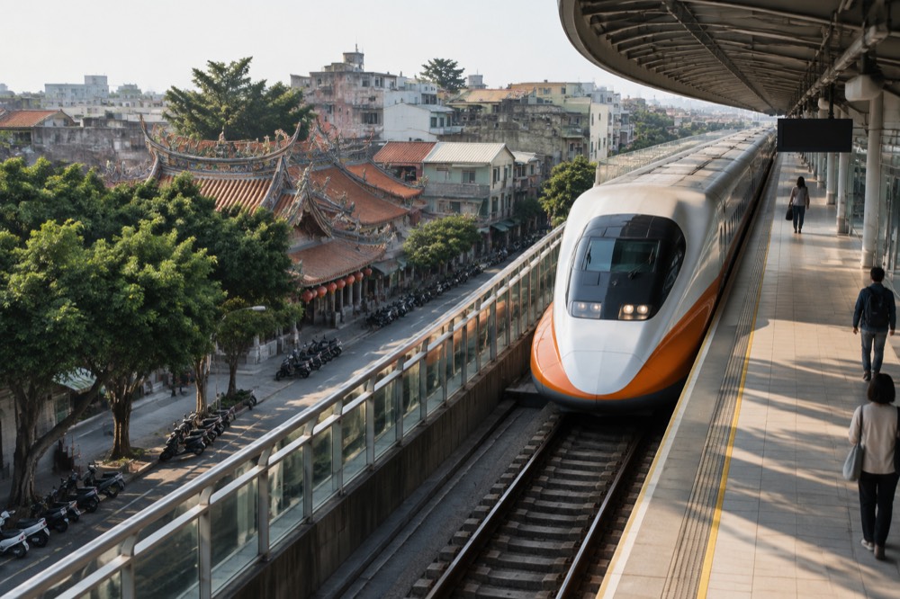 A high speed rail train platform in Taiwan with a train arriving under a curved roof
